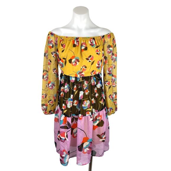 BCBGMAXAZRIA Multicolor Floral Colorblock Off the Shoulder Mini Dress Size M - Picture 2 of 7